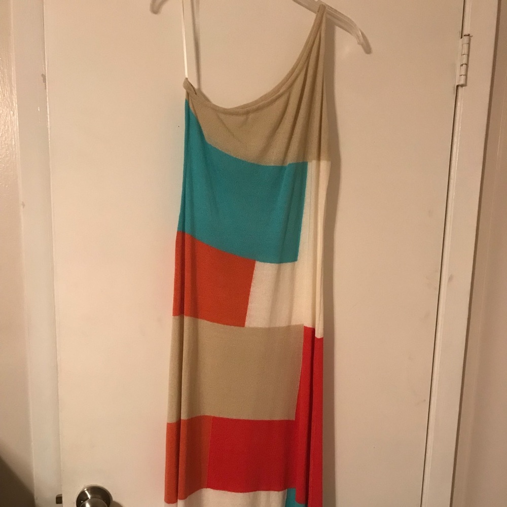 One shoulder knit color-block maxi dress